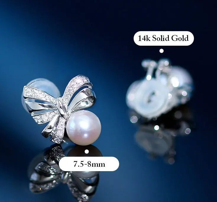Natural White Diamond & Akoya White Pink Pearl Earrings, 18k Solid Yellow Gold Handmade Earrings, Bowknot Earrings, Anniversary Gift Idea Etsy
