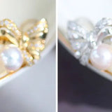 Natural White Diamond & Akoya White Pink Pearl Earrings, 18k Solid Yellow Gold Handmade Earrings, Bowknot Earrings, Anniversary Gift Idea Etsy