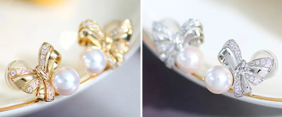 Natural White Diamond & Akoya White Pink Pearl Earrings, 18k Solid Yellow Gold Handmade Earrings, Bowknot Earrings, Anniversary Gift Idea Etsy