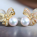 Natural White Diamond & Akoya White Pink Pearl Earrings, 18k Solid Yellow Gold Handmade Earrings, Bowknot Earrings, Anniversary Gift Idea Etsy