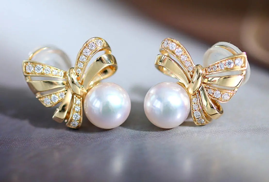 Natural White Diamond & Akoya White Pink Pearl Earrings, 18k Solid Yellow Gold Handmade Earrings, Bowknot Earrings, Anniversary Gift Idea Etsy