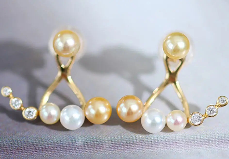 4mm Akoya Golden Baby Pearl & Diamonds Earrings - 18K Gold Etsy
