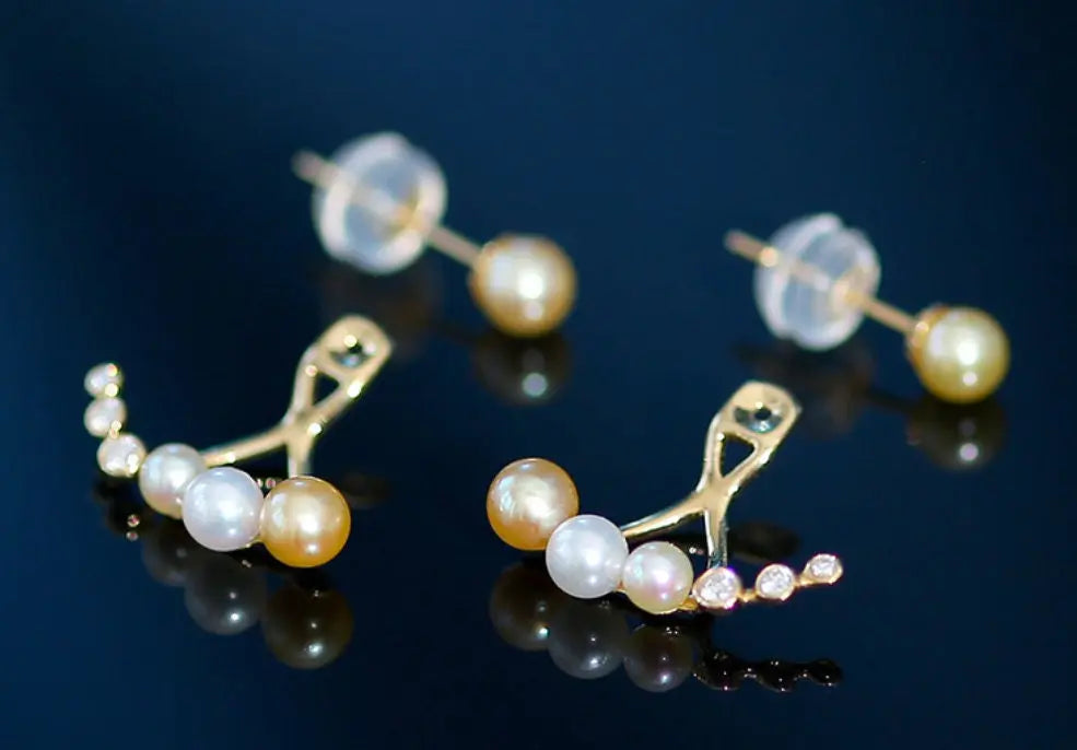 4mm Akoya Golden Baby Pearl & Diamonds Earrings - 18K Gold Etsy
