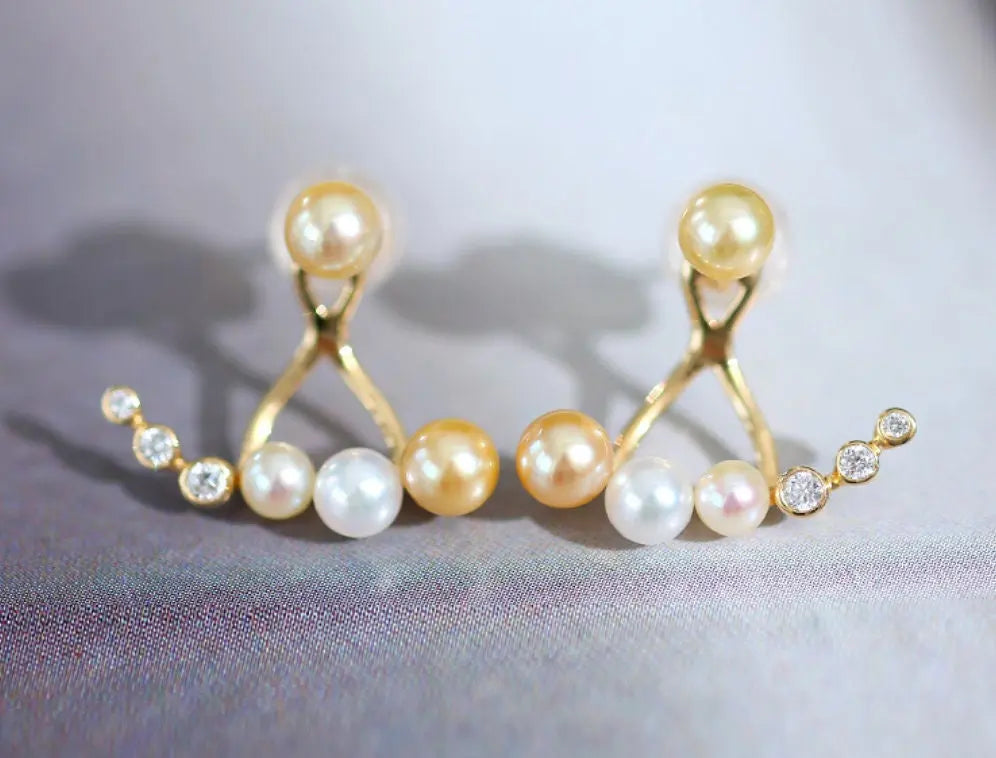 4mm Akoya Golden Baby Pearl & Diamonds Earrings - 18K Gold Etsy