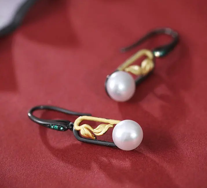 5A+ High Luster White Pearl 10mm Earrings Handmade Black Rhodium Plated Silver 925 Orient Style Pearl Earrings, Leaf Earrings, Gift Idea Etsy