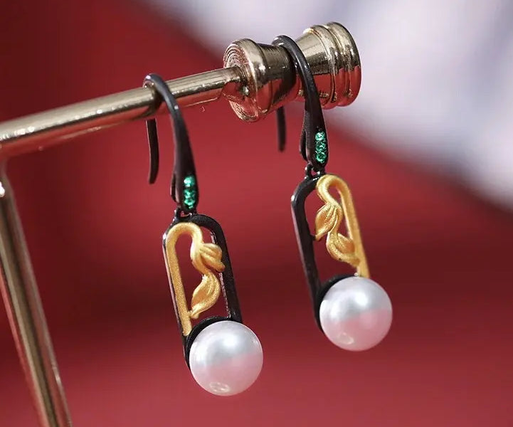 5A+ High Luster White Pearl 10mm Earrings Handmade Black Rhodium Plated Silver 925 Orient Style Pearl Earrings, Leaf Earrings, Gift Idea Etsy
