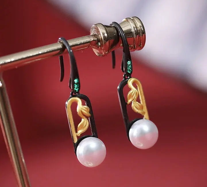5A+ High Luster White Pearl 10mm Earrings Handmade Black Rhodium Plated Silver 925 Orient Style Pearl Earrings, Leaf Earrings, Gift Idea Etsy