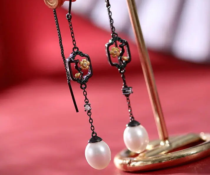 5A+ High Luster White Pearl 10mm Earrings Handmade Black Rhodium Plated Silver 925 Orient Style Pearl Earrings, Flower Earrings, Gift Idea Etsy