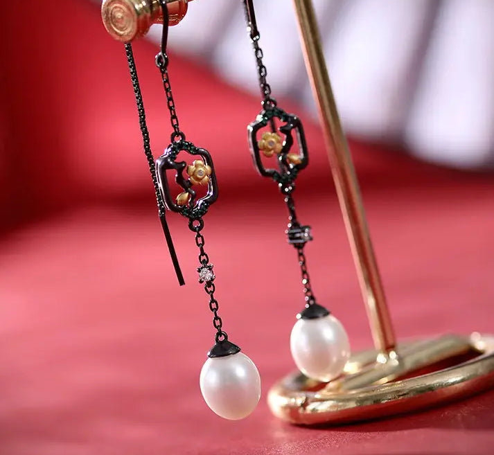5A+ High Luster White Pearl 10mm Earrings Handmade Black Rhodium Plated Silver 925 Orient Style Pearl Earrings, Flower Earrings, Gift Idea Etsy