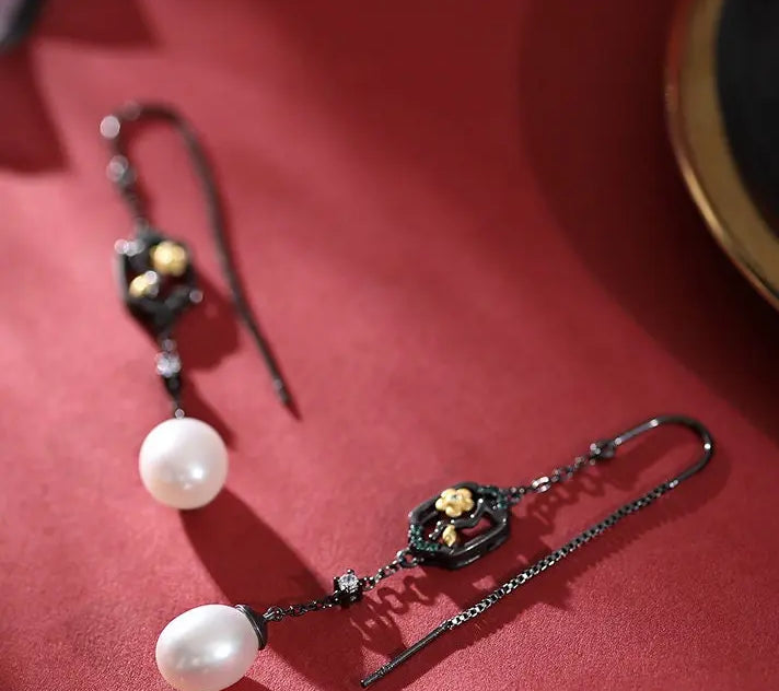 5A+ High Luster White Pearl 10mm Earrings Handmade Black Rhodium Plated Silver 925 Orient Style Pearl Earrings, Flower Earrings, Gift Idea Etsy