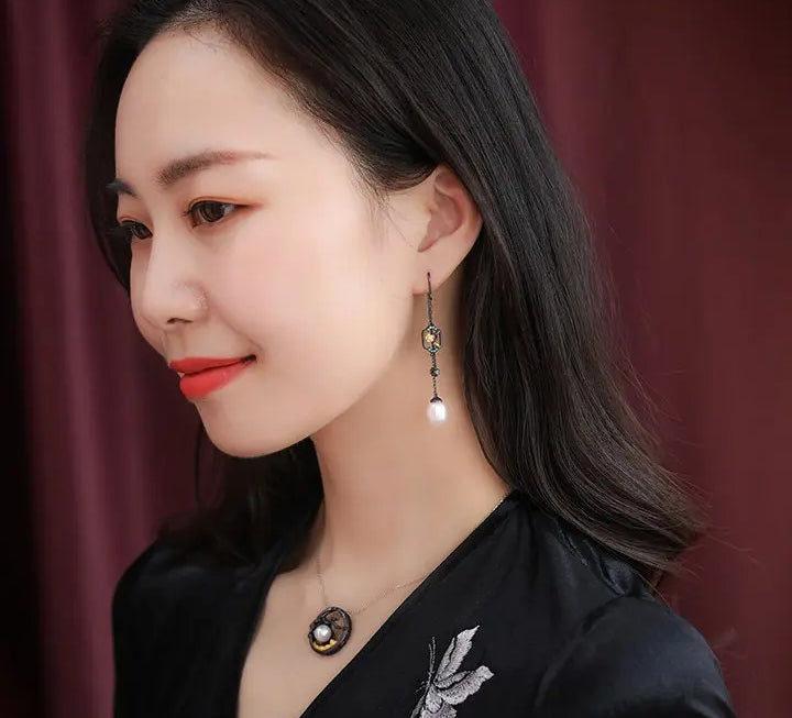 5A+ High Luster White Pearl 10mm Earrings Handmade Black Rhodium Plated Silver 925 Orient Style Pearl Earrings, Flower Earrings, Gift Idea Etsy