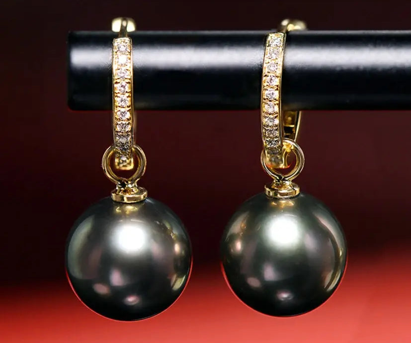 5A+ Natural Tahitian Pearls & White Diamond 18K Solid Yellow Gold Black Pearl Earrings, Seawater Peacock Green Pearl Earrings, Gift Idea Etsy