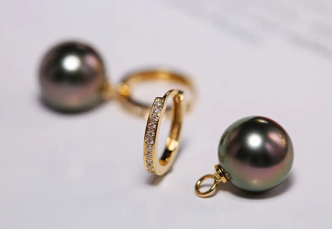 5A+ Natural Tahitian Pearls & White Diamond 18K Solid Yellow Gold Black Pearl Earrings, Seawater Peacock Green Pearl Earrings, Gift Idea Etsy
