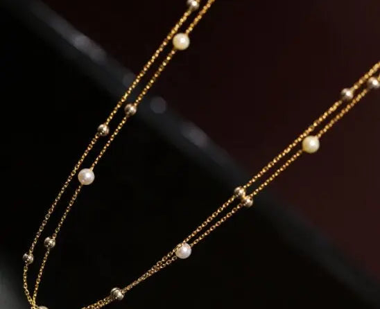 18K Yellow Gold & Natural Akoya Golden Pearl From Japan Necklace, Handmade Beaded Pearl Two Layer Necklace, Seawater Yellow Pearl Etsy