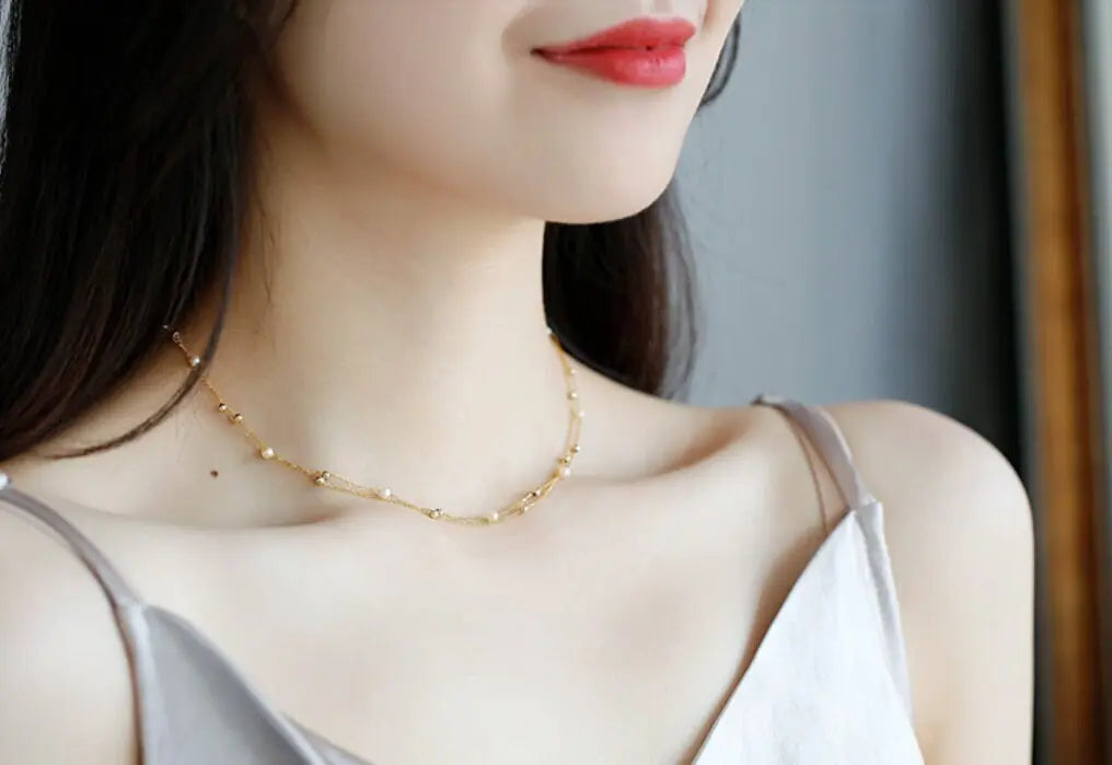 18K Yellow Gold Two-Layer Necklace - Akoya Golden Pearl Strand Etsy