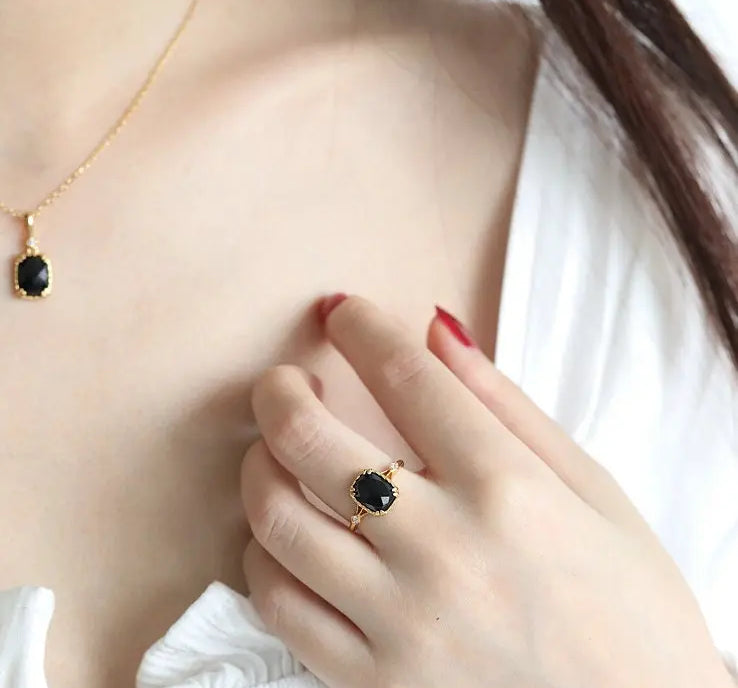 Natural Black Onyx Ring Handmade 18K Solid Yellow Gold Ring, Gift for Her, Anniversary Gift Idea, Retro Fine Jewelry - LaCorserArtJewelry