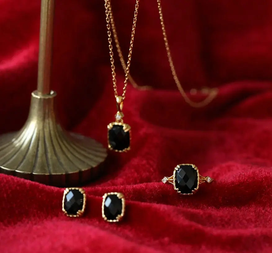 Natural Black Onyx Gold Necklace Handmade 18K Solid Yellow Gold Necklace, Gift for Her, Anniversary Gift Idea, Retro Fine Jewelry Etsy