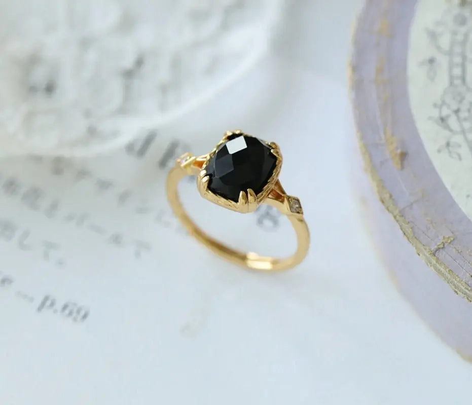Natural Black Onyx Ring Handmade 18K Solid Yellow Gold Ring, Gift for Her, Anniversary Gift Idea, Retro Fine Jewelry - LaCorserArtJewelry