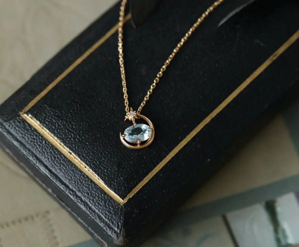 Natural Aquamarine Oval Shape & White Diamond Necklace 18K Solid Yellow Gold Necklace, Fine Jewelry, Gift for Her, Retro Fine Jewelry Etsy