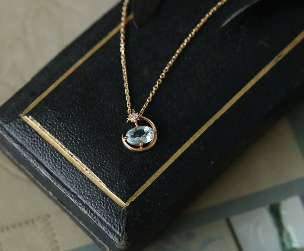 Natural Aquamarine Oval Shape & White Diamond Necklace 18K Solid Yellow Gold Necklace, Fine Jewelry, Gift for Her, Retro Fine Jewelry Etsy
