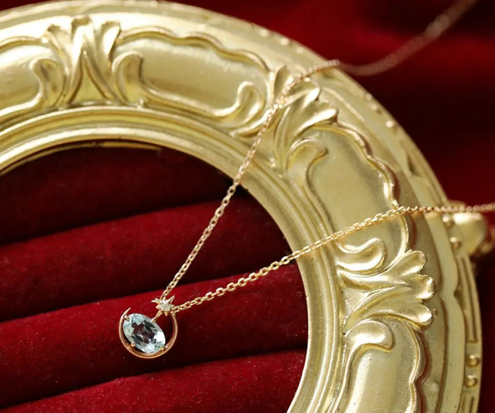Natural Aquamarine Oval Shape & White Diamond Necklace 18K Solid Yellow Gold Necklace, Fine Jewelry, Gift for Her, Retro Fine Jewelry Etsy