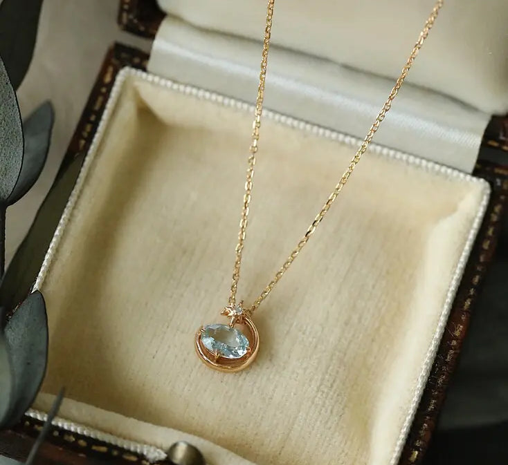Natural Aquamarine Oval Shape & White Diamond Necklace 18K Solid Yellow Gold Necklace, Fine Jewelry, Gift for Her, Retro Fine Jewelry Etsy