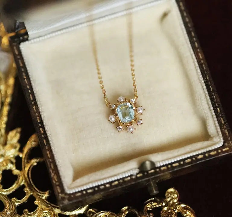 Natural Topaz & White Diamond Pearl Necklace Handmade 18K Solid Yellow Gold Topaz Necklace, Anniversary Gift Idea, Retro Fine Necklace Etsy