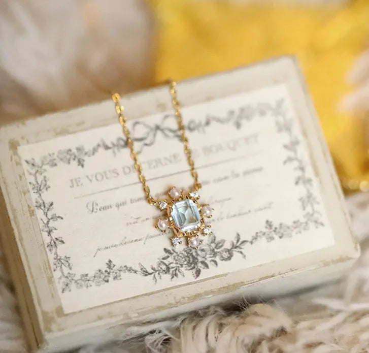 Natural Topaz & White Diamond Pearl Necklace Handmade 18K Solid Yellow Gold Topaz Necklace, Anniversary Gift Idea, Retro Fine Necklace Etsy