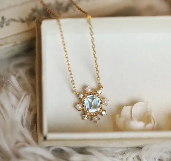 Natural Topaz & White Diamond Pearl Necklace Handmade 18K Solid Yellow Gold Topaz Necklace, Anniversary Gift Idea, Retro Fine Necklace Etsy