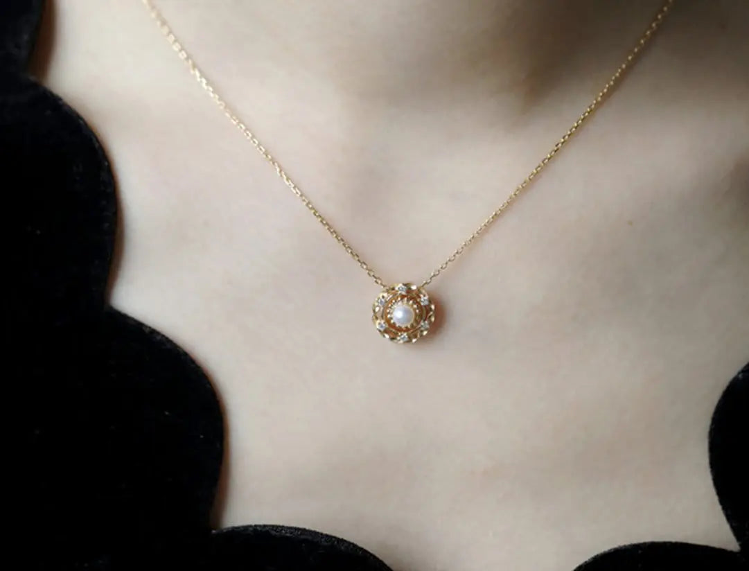 18K Yellow Gold White Pearl Diamond Necklace Etsy