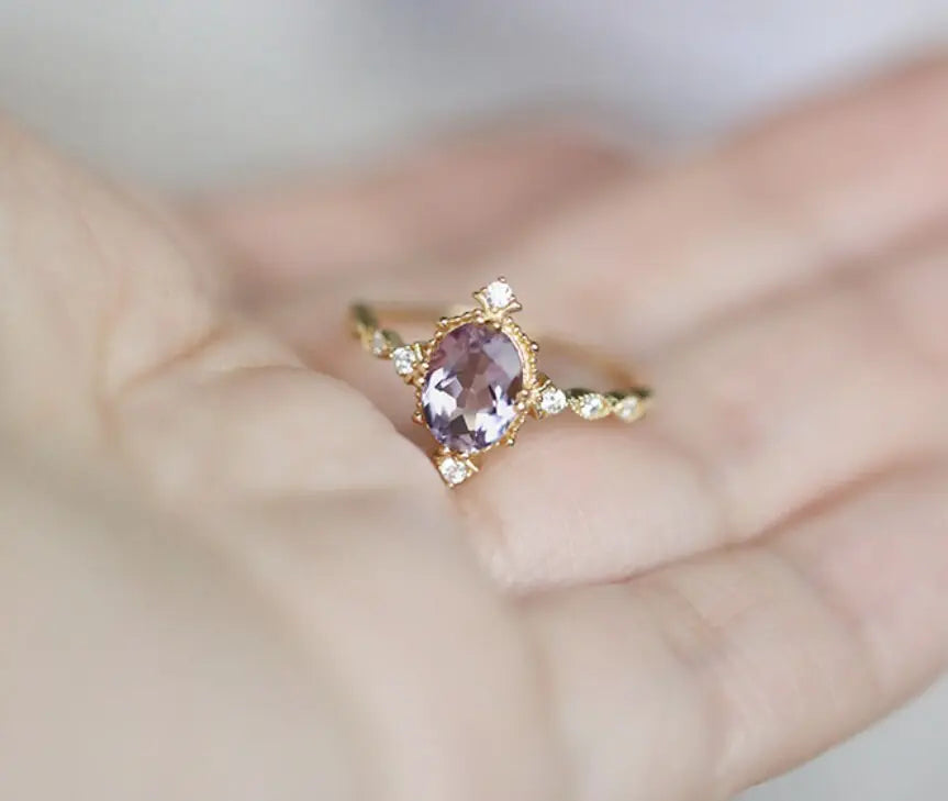 Amethyst Diamond Ring - 18K Yellow Gold Cluster Ring LaCorserArtJewelry