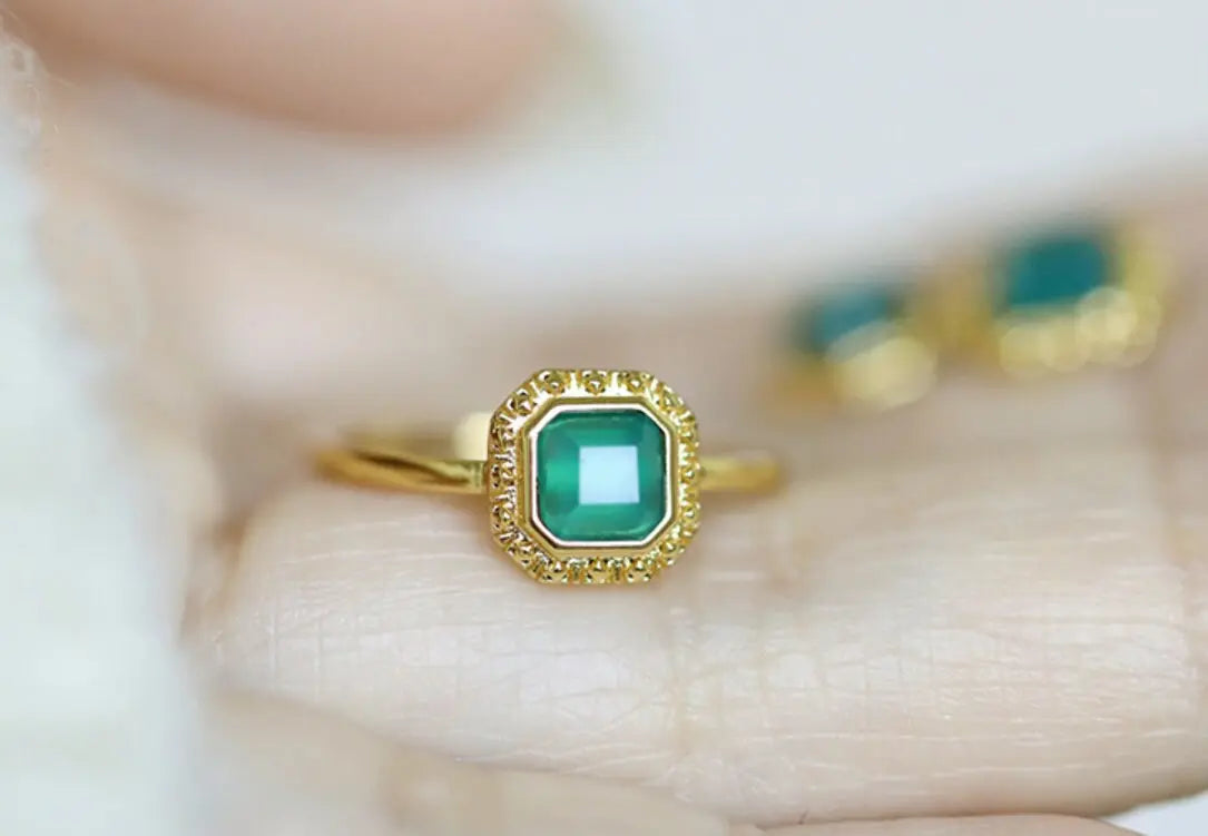 Natural Chrysoprase Square Shape Earrings Handmade 18k Solid Yellow Gold Earrings, Chrysoprase Ring, Anniversary Gift Idea, Retro Jewelry - LaCorserArtJewelry