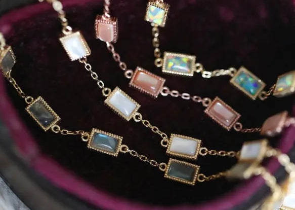 Natural Labradorite Rectangle Bracelet Handmade 18k Solid Yellow Gold Pearl Bracelet, Anniversary Gift Idea, Retro Fine Jewelry Etsy