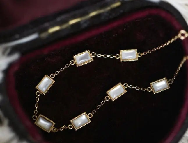 Natural Mother of Pearl Rectangle Bracelet Handmade 18k Solid Yellow Gold Bracelet, Anniversary Gift Idea, Retro Fine Jewelry Etsy