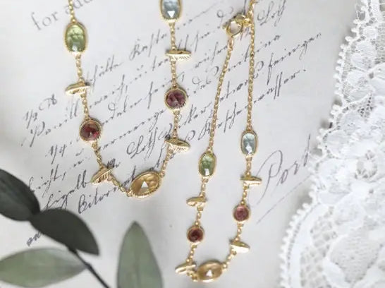 Natural Topaz & Garnet, Olivine, Crystal Necklace Handmade 18K Solid Yellow Gold Leaf Necklace, Anniversary Gift Idea, Retro Jewelry - LaCorserArtJewelry