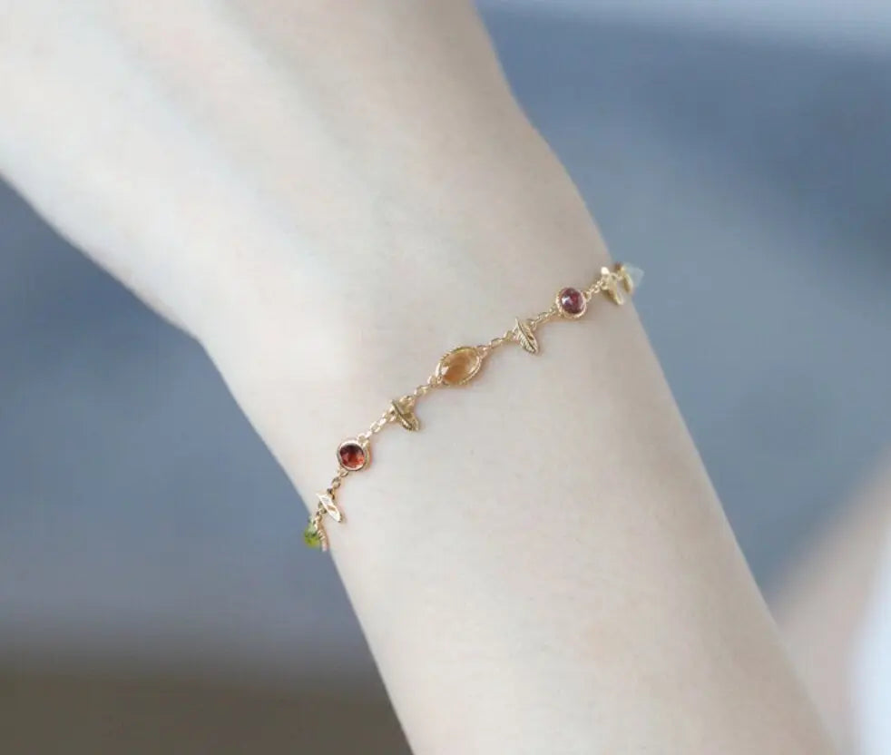 Natural Topaz & Garnet, Olivine, Crystal Bracelets Handmade 18K Solid Yellow Gold Leaf Bracelets, Anniversary Gift Idea, Retro Jewelry - LaCorserArtJewelry