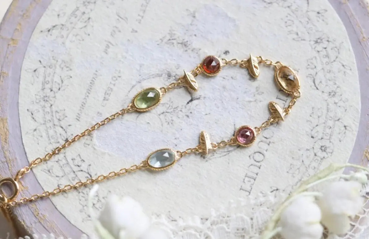 Natural Topaz & Garnet, Olivine, Crystal Necklace Handmade 18K Solid Yellow Gold Leaf Necklace, Anniversary Gift Idea, Retro Jewelry - LaCorserArtJewelry