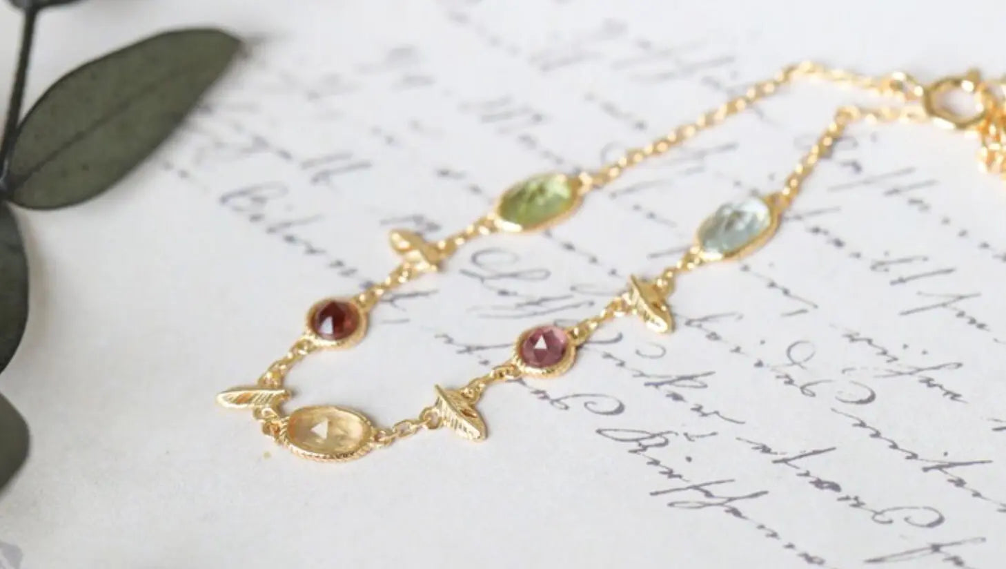 Natural Topaz & Garnet, Olivine, Crystal Bracelets Handmade 18K Solid Yellow Gold Leaf Bracelets, Anniversary Gift Idea, Retro Jewelry - LaCorserArtJewelry