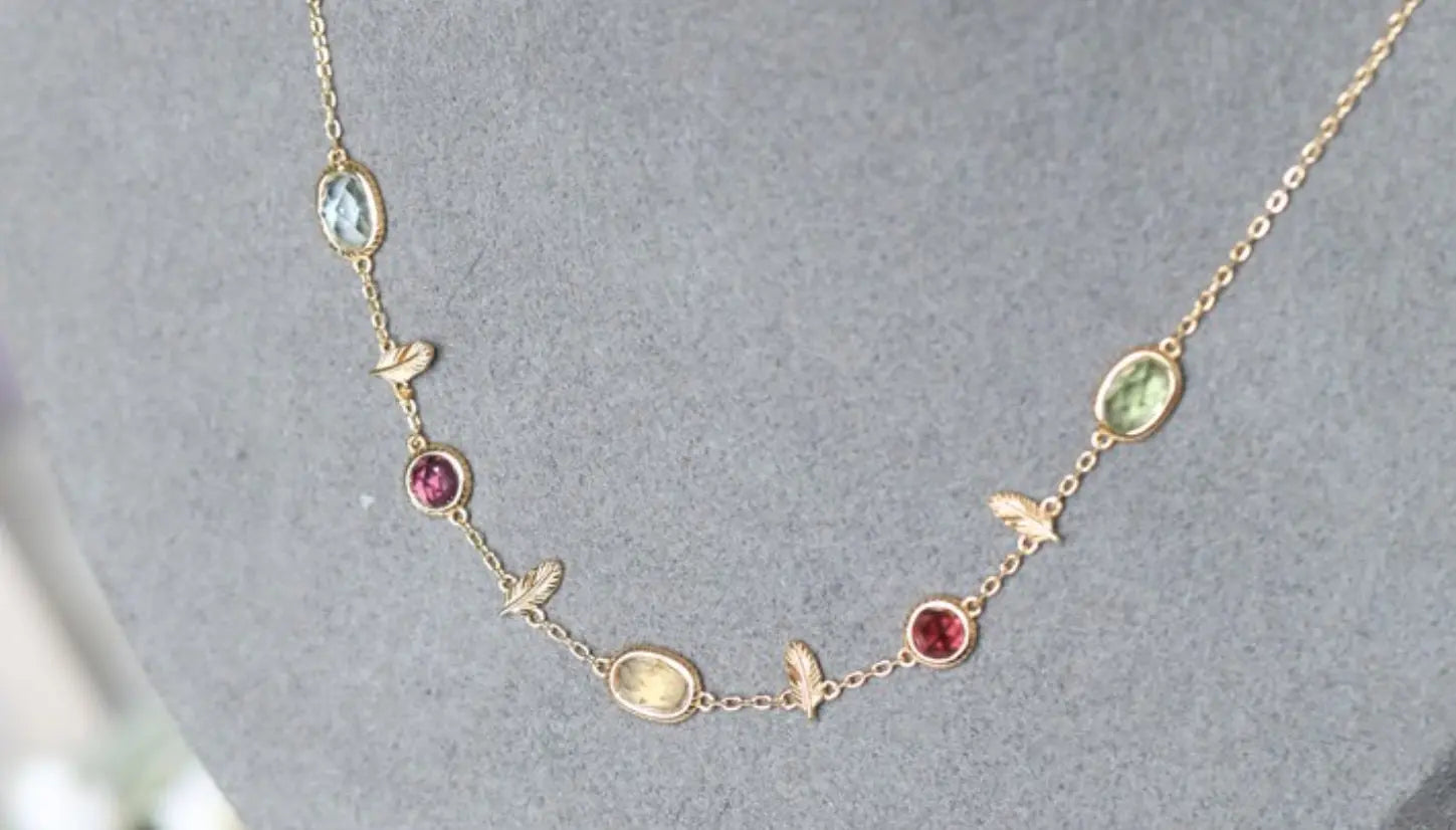 Natural Topaz & Garnet, Olivine, Crystal Necklace Handmade 18K Solid Yellow Gold Leaf Necklace, Anniversary Gift Idea, Retro Jewelry - LaCorserArtJewelry