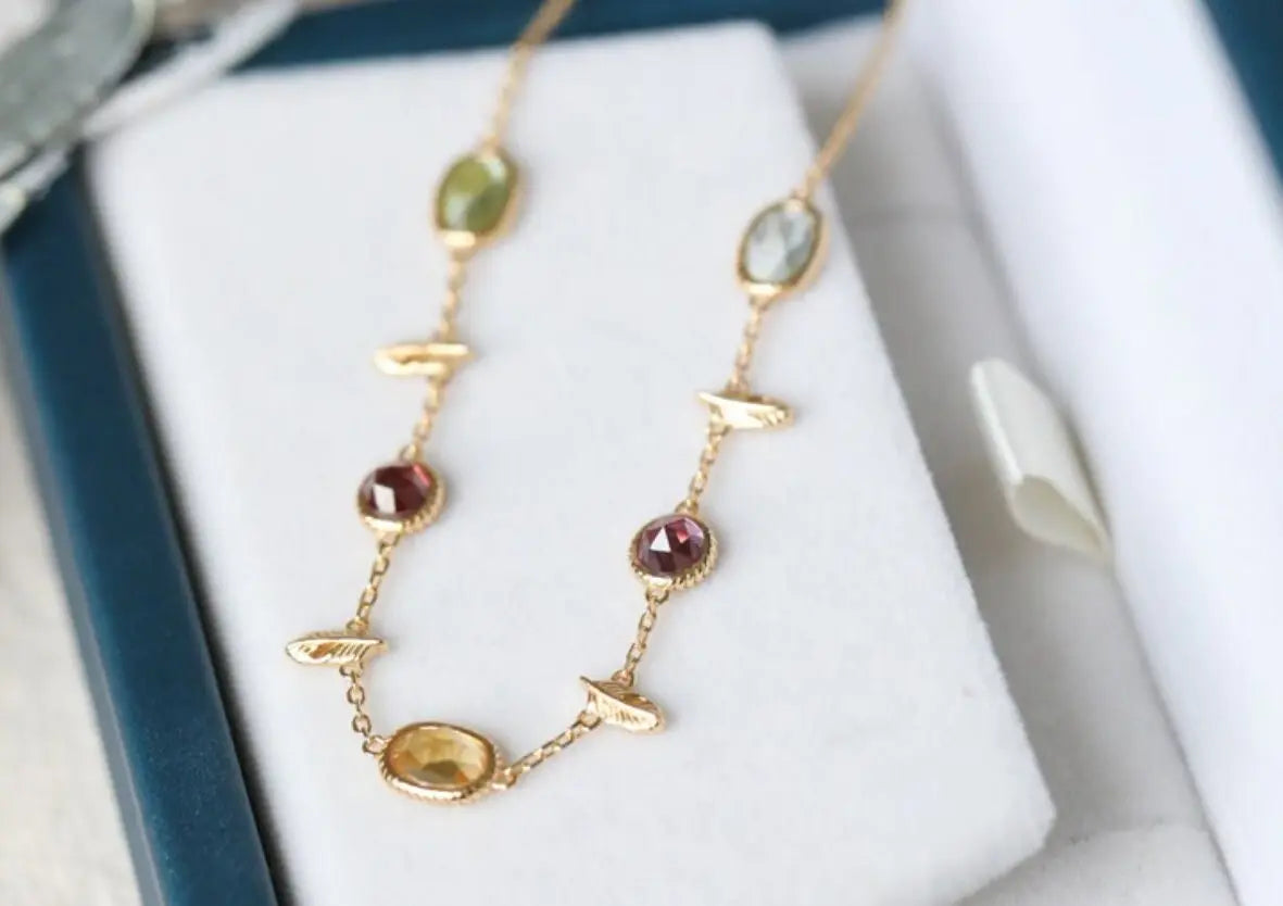 Natural Topaz & Garnet, Olivine, Crystal Bracelets Handmade 18K Solid Yellow Gold Leaf Bracelets, Anniversary Gift Idea, Retro Jewelry - LaCorserArtJewelry