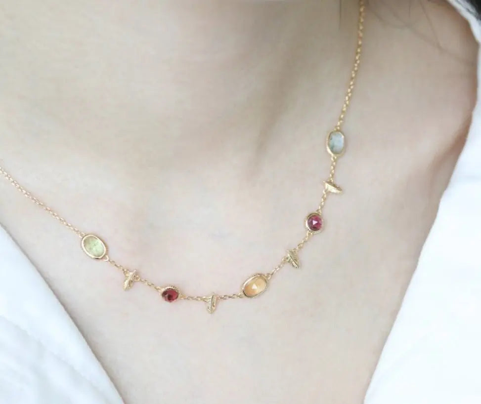 Natural Topaz & Garnet, Olivine, Crystal Necklace Handmade 18K Solid Yellow Gold Leaf Necklace, Anniversary Gift Idea, Retro Jewelry - LaCorserArtJewelry