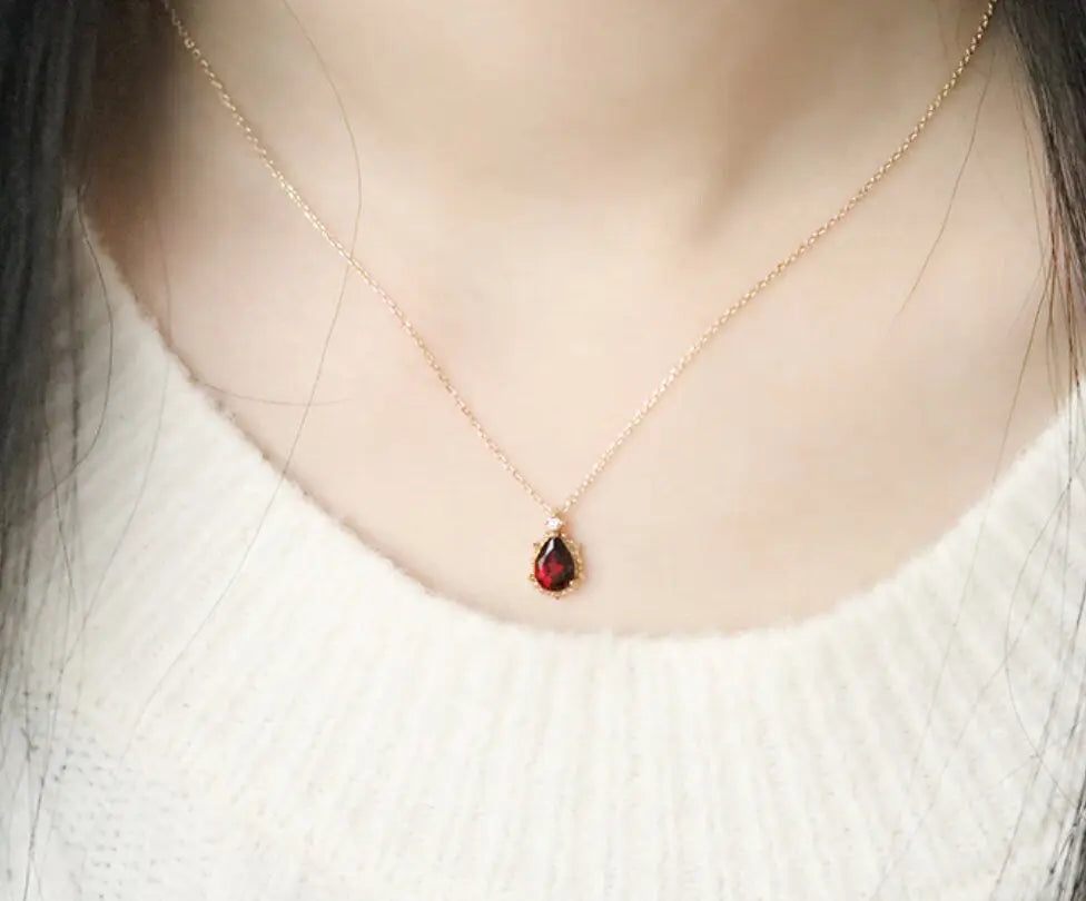 Natural Garnet Teardrop & White Diamond Necklace Handmade 18K Solid Yellow Gold Necklace, Gift for Her, Anniversary Gift Idea, Retro Jewelry Etsy