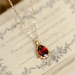 Natural Garnet Teardrop & White Diamond Necklace Handmade 18K Solid Yellow Gold Necklace, Gift for Her, Anniversary Gift Idea, Retro Jewelry Etsy