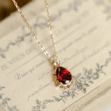 Natural Garnet Teardrop & White Diamond Necklace Handmade 18K Solid Yellow Gold Necklace, Gift for Her, Anniversary Gift Idea, Retro Jewelry Etsy