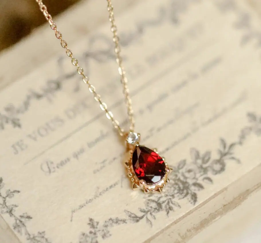Natural Garnet Teardrop & White Diamond Necklace Handmade 18K Solid Yellow Gold Necklace, Gift for Her, Anniversary Gift Idea, Retro Jewelry Etsy