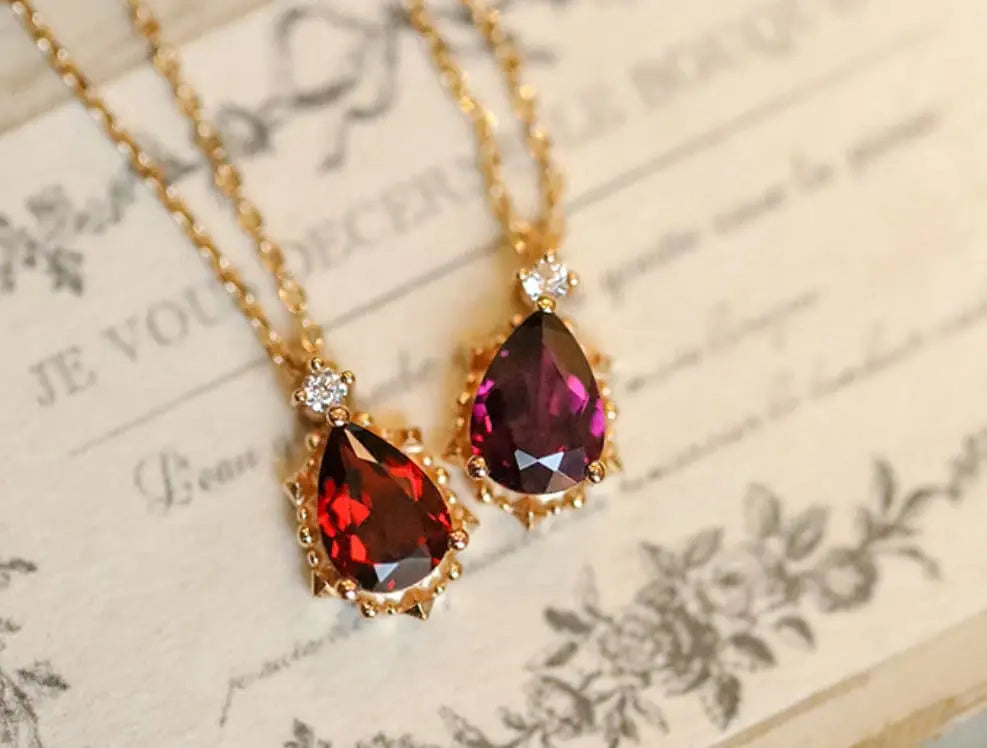 Natural Garnet Teardrop & White Diamond Necklace Handmade 18K Solid Yellow Gold Necklace, Gift for Her, Anniversary Gift Idea, Retro Jewelry Etsy