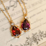 Natural Garnet Teardrop & White Diamond Necklace Handmade 18K Solid Yellow Gold Necklace, Gift for Her, Anniversary Gift Idea, Retro Jewelry Etsy