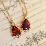 Natural Garnet Teardrop & White Diamond Necklace Handmade 18K Solid Yellow Gold Necklace, Gift for Her, Anniversary Gift Idea, Retro Jewelry Etsy