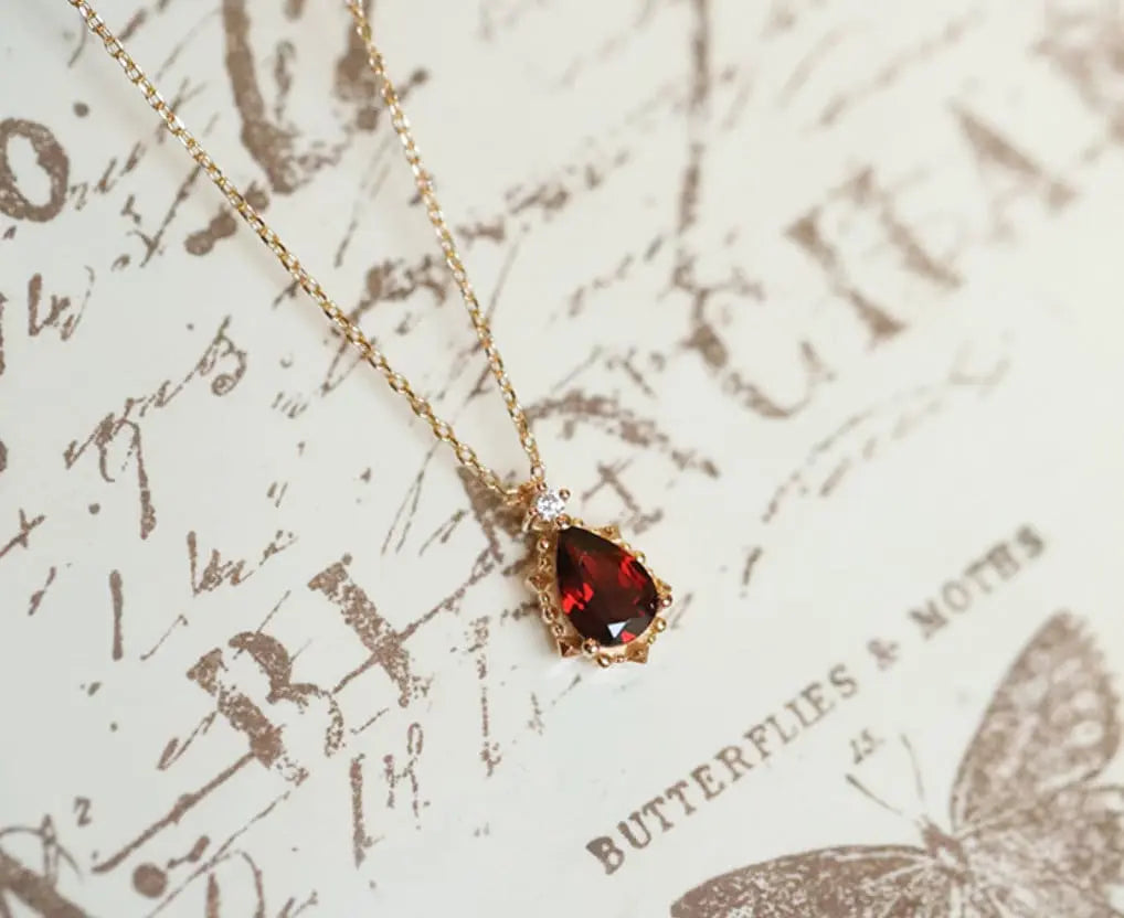 Natural Garnet Teardrop & White Diamond Necklace Handmade 18K Solid Yellow Gold Necklace, Gift for Her, Anniversary Gift Idea, Retro Jewelry Etsy