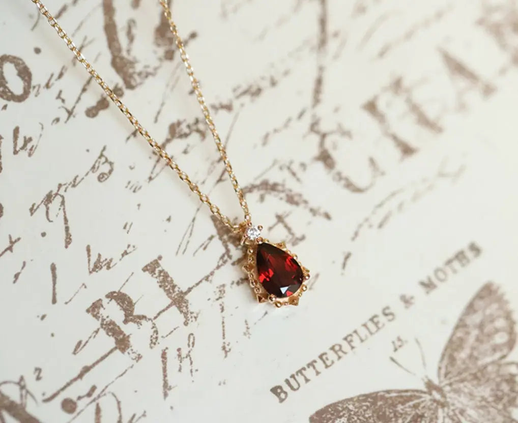 Natural Garnet Teardrop & White Diamond Necklace Handmade 18K Solid Yellow Gold Necklace, Gift for Her, Anniversary Gift Idea, Retro Jewelry Etsy